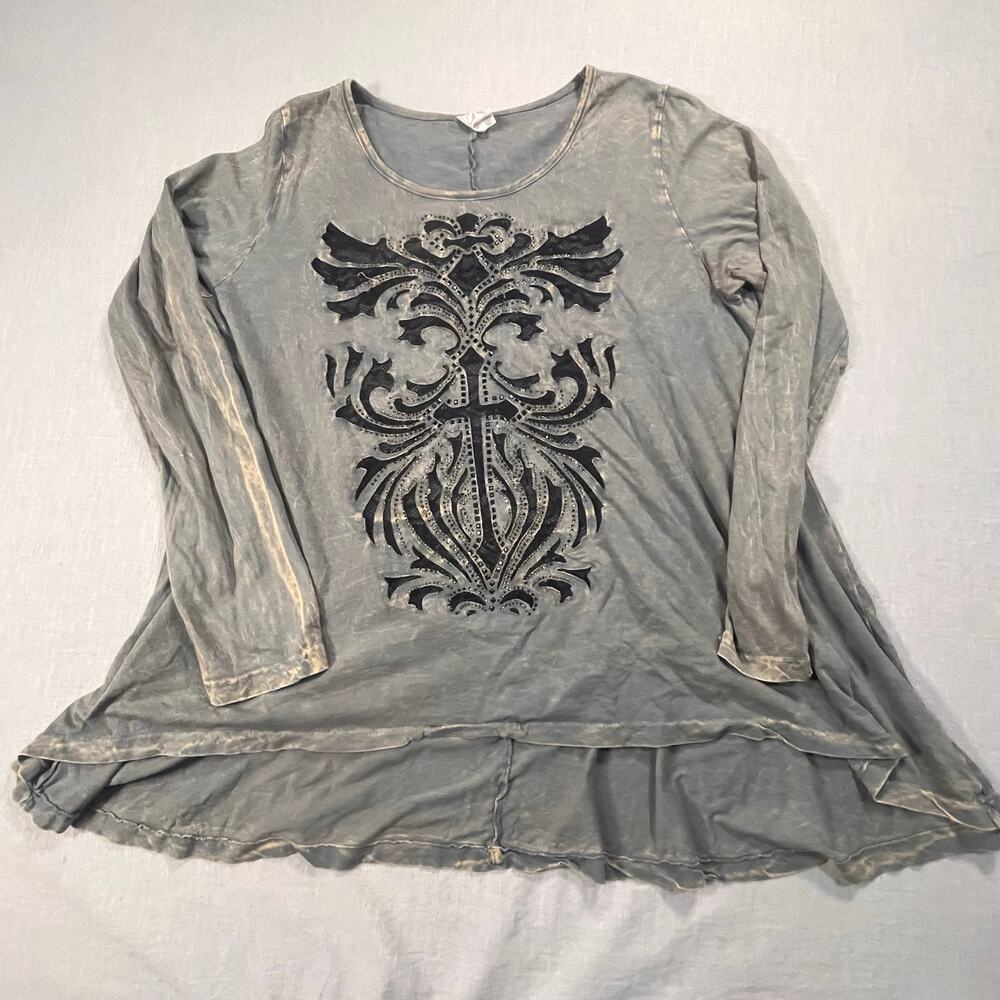 American Age XL Distressed Grunge Long Sleeve Tunic Top Gothic Cross Boho‎ Flowy